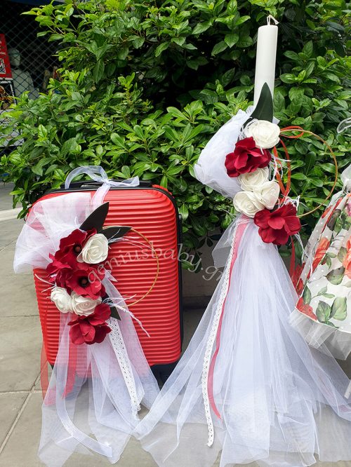 Σετ βάπτισης λουλούδια με κόκκινη βαλίτσα