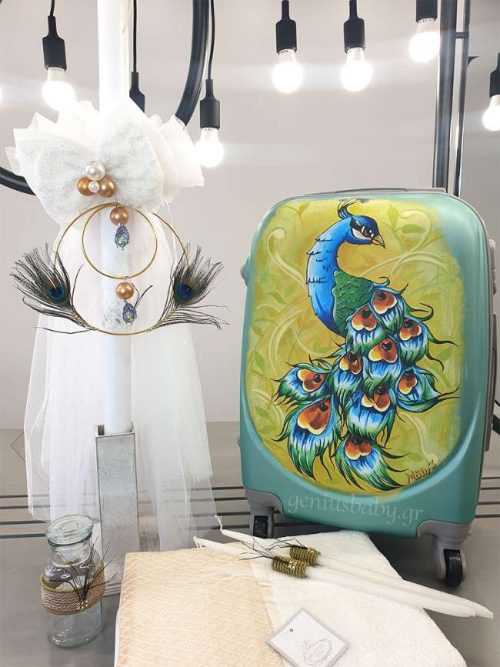 Σετ βάπτισης Παγώνι με ζωγραφισμένη βαλίτσα | Geniusbaby.gr