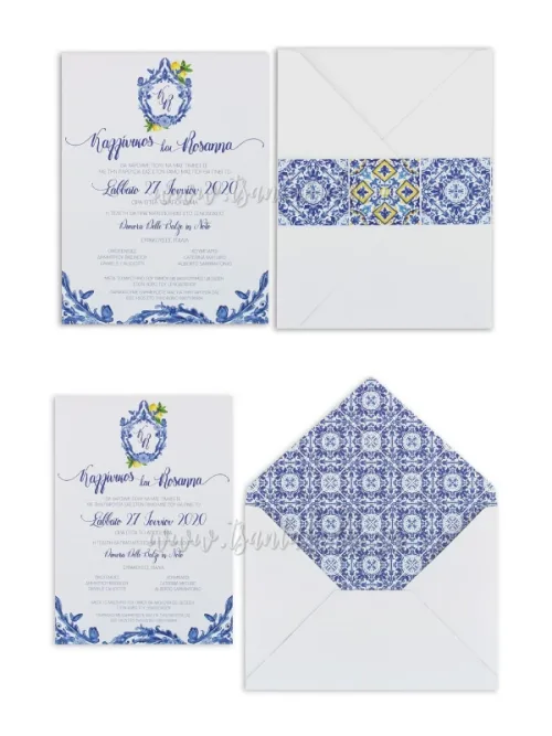 Προσκλητήριο γάμου blue porcelain με φάκελο
